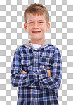 Young boy wearing a stylish and formal checked hoodie and stands confidently with arms crossed, sporting a proud and joyful smile that conveys a sense of self-assurance and contentment isolated on a PNG background.