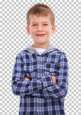 Buy stock photo Child fashion, young boy and portrait of arms crossed with children style and clothing for kids. Confidence, happy and youth of a person with confident look isolated on transparent, png background
