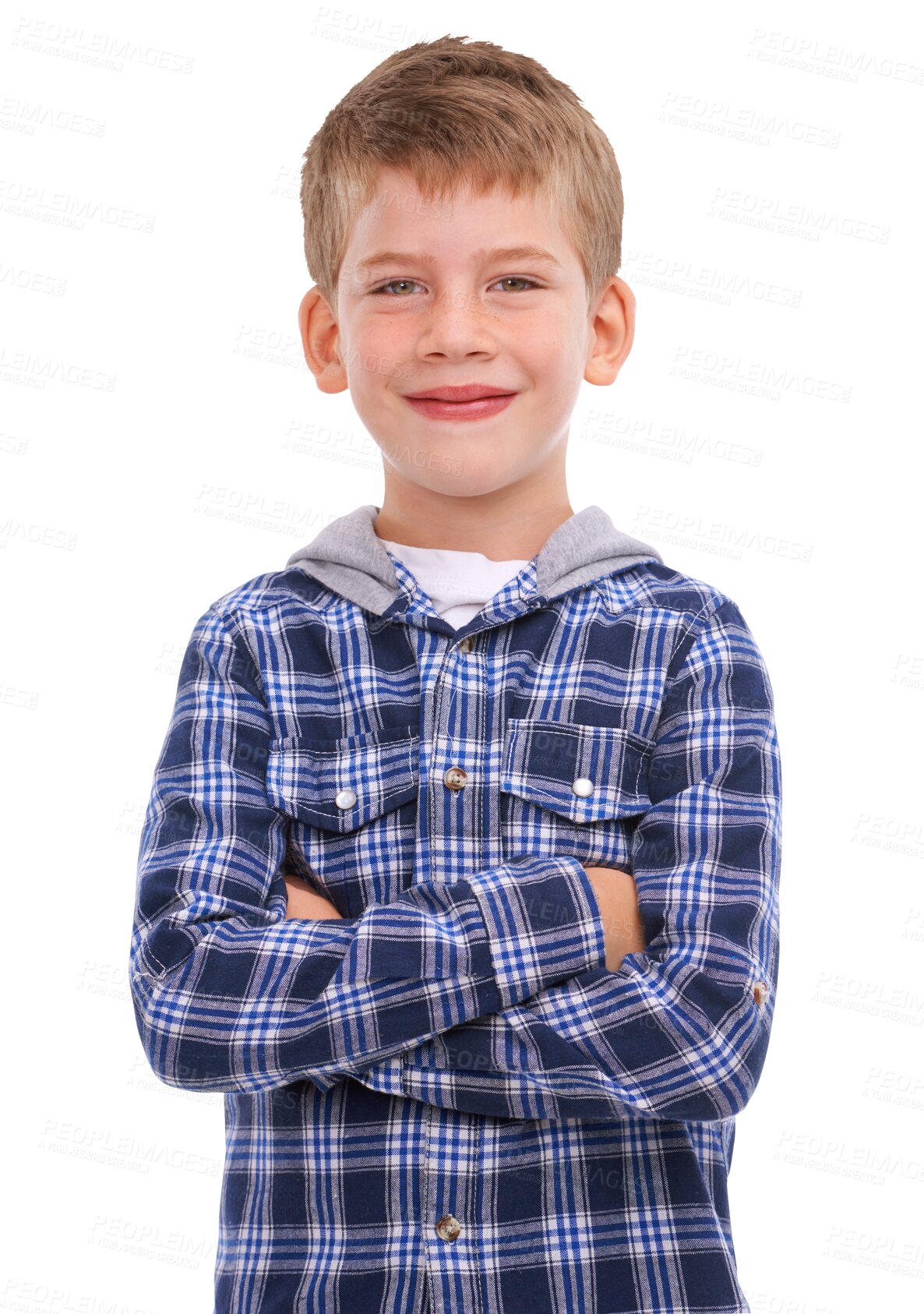 Buy stock photo Child fashion, young boy and portrait of arms crossed with children style and clothing for kids. Confidence, happy and youth of a person with confident look isolated on transparent, png background
