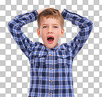 A young boy in casual clothing, sporting a surprised and shocked expression with his hands on his head, as if in disbelief with a mockup and a facial expression that screams "wowâ isolated on a PNG background.