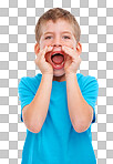 A young boy expressing his emotions with a loud shout or a dramatic pose, with hands on his face and a look of either shock, happiness, or excitement isolated on a PNG background.