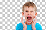 A boy exhibiting a frustrated expression, crying, shouting in anger, and displaying symptoms of mental health issues such as ADHD and autism during childhood isolated on a PNG background.