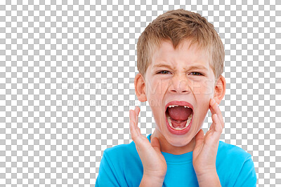 Buy stock photo Angry, screaming and portrait of boy on png for attention, tantrum and announcement. News, voice and shouting with young child isolated on transparent background for message, loud and conversation