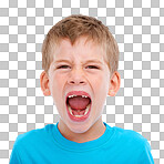 A young boy with ADHD or autism expresses his hyperactivity and frustration by screaming with anger, as he copes with his mental health issues and emotions, isolated on a PNG background.