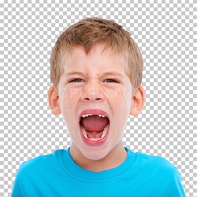 Buy stock photo Anger, shouting and portrait of boy on png for attention, yelling and announcement. News, voice and screaming with face of child isolated on transparent background for upset, loud and conversation