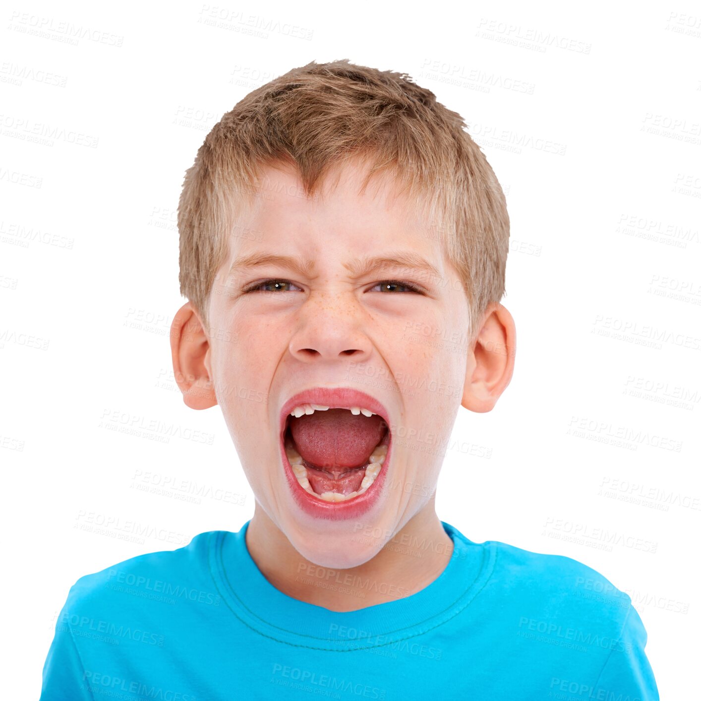 Buy stock photo Anger, shouting and portrait of boy on png for attention, yelling and announcement. News, voice and screaming with face of child isolated on transparent background for upset, loud and conversation