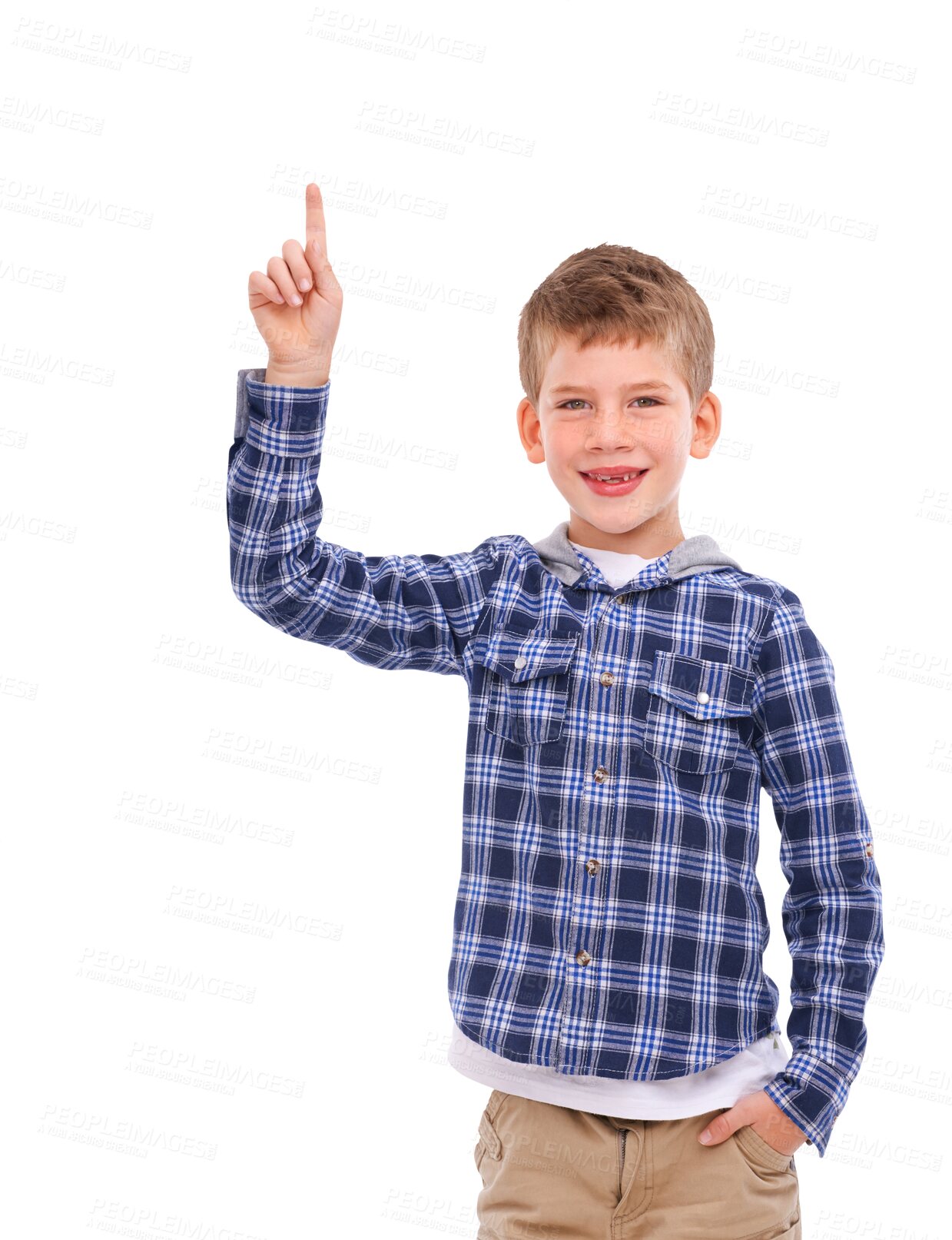 Buy stock photo Child, boy and portrait pointing finger for idea, advertising or marketing announcement and news. Happy little kid point gesture in solution or casual fashion isolated on a transparent PNG background