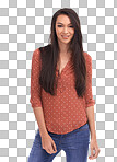 A Portrait, fashion and trendy with a model woman for contemporary style. Happy, smile and casual with an attractive young girl posing in stylish clothes isolated on a png background