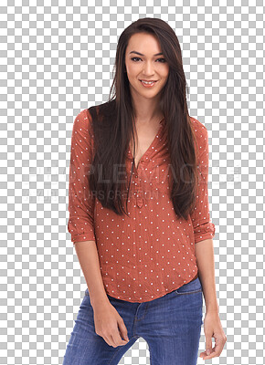 Buy stock photo Portrait, fashion and trendy with a woman with casual style and confidence. Happy, smile and female model with beauty and youth posing in stylish clothes isolated on a transparent, png background
