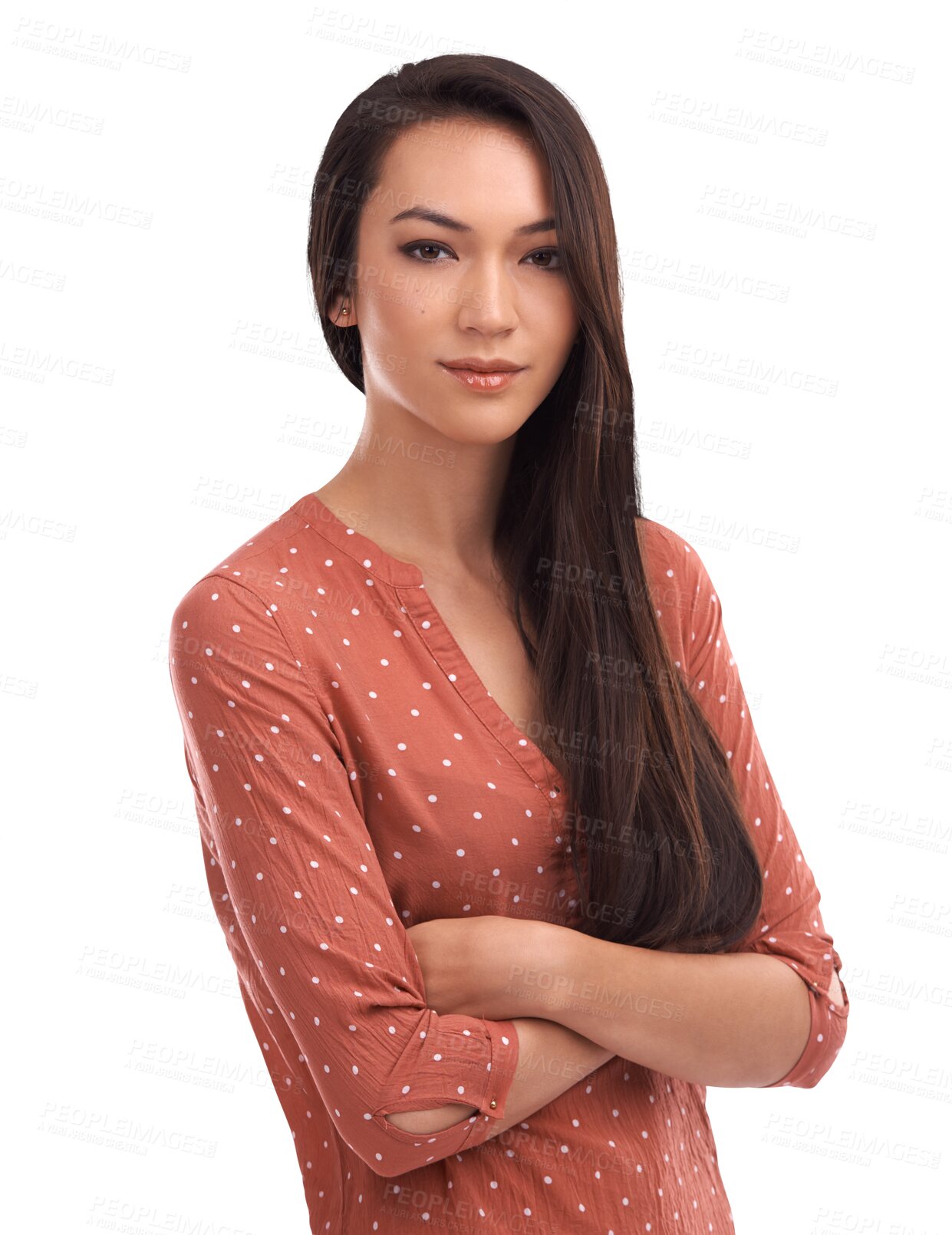 Buy stock photo Fashion, style and portrait of Asian woman with crossed arms on isolated, png and transparent background. Beauty, stylish and female person with confidence, pride and serious face in trendy clothes