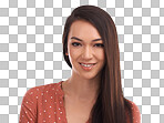 A Beautiful woman, portrait smile and face in beauty for profile happiness. Happy isolated attractive casual female smiling in confidence with long hair on mockup isolated on a png background