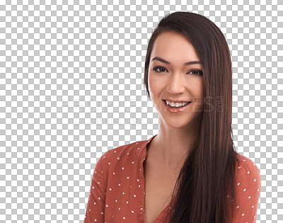 Buy stock photo Fashion, beauty and portrait of Asian woman with smile on isolated, png and transparent background. Confident, style and face of happy female person for confidence, pride and makeup in trendy clothes