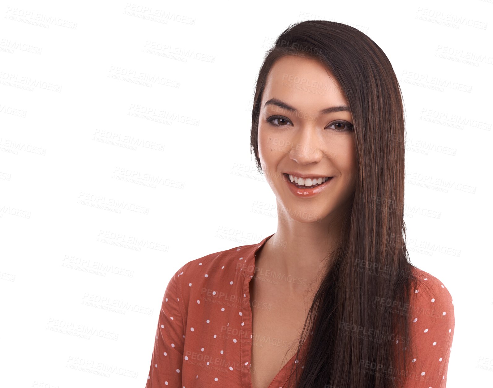 Buy stock photo Fashion, beauty and portrait of Asian woman with smile on isolated, png and transparent background. Confident, style and face of happy female person for confidence, pride and makeup in trendy clothes