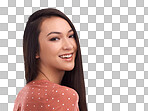 A Beautiful, young woman and smile for beauty profile or empowerment. Portrait of a isolated female smiling in happiness, vision or satisfaction on isolated on a png background