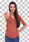 Woman, studio portrait and thumbs up with smile, fashion and yes for motivation. model, thumbsup and agreement with happiness, isolated and success with excited hand sign isolated on a png background