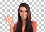 Hands, ok and portrait of Asian woman on for vote, agreement and success. Mockup, advertising and face of girl isolated in studio with hand gesture for good news, support and yes isolated on a png background