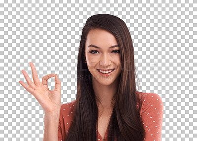 Buy stock photo Okay hands, portrait and happy woman isolated on transparent png background for good review. Female person, smile and ok of agreement, support and yes feedback for perfect emoji, thank you and trust 