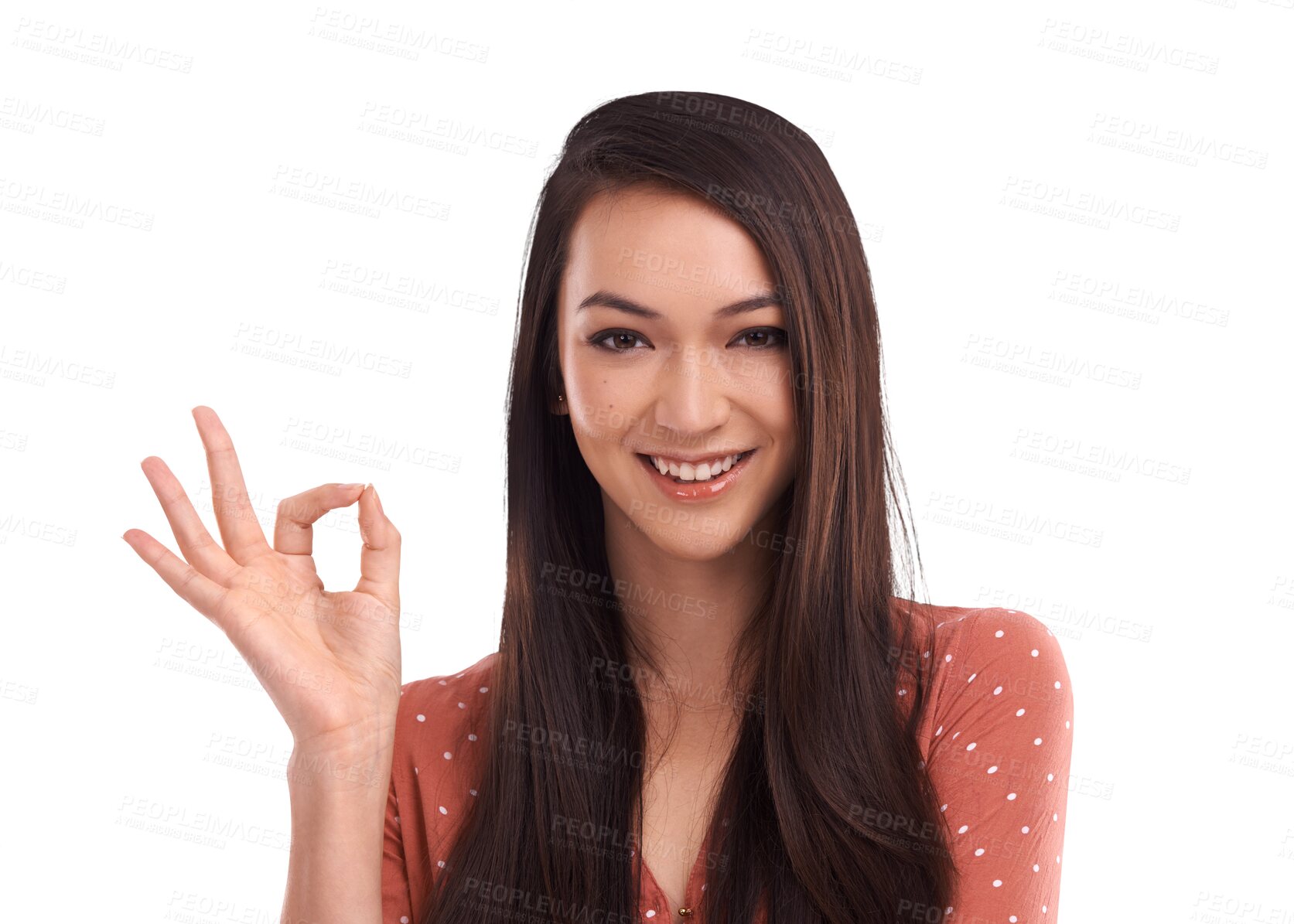Buy stock photo Okay hands, portrait and happy woman isolated on transparent png background for good review. Female person, smile and ok of agreement, support and yes feedback for perfect emoji, thank you and trust 