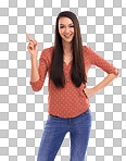 A Happy woman, portrait and pointing at mockup space for advertising, sale and promotion announcement. Smile of asian model with finger for product placement and marketing isolated on a png background