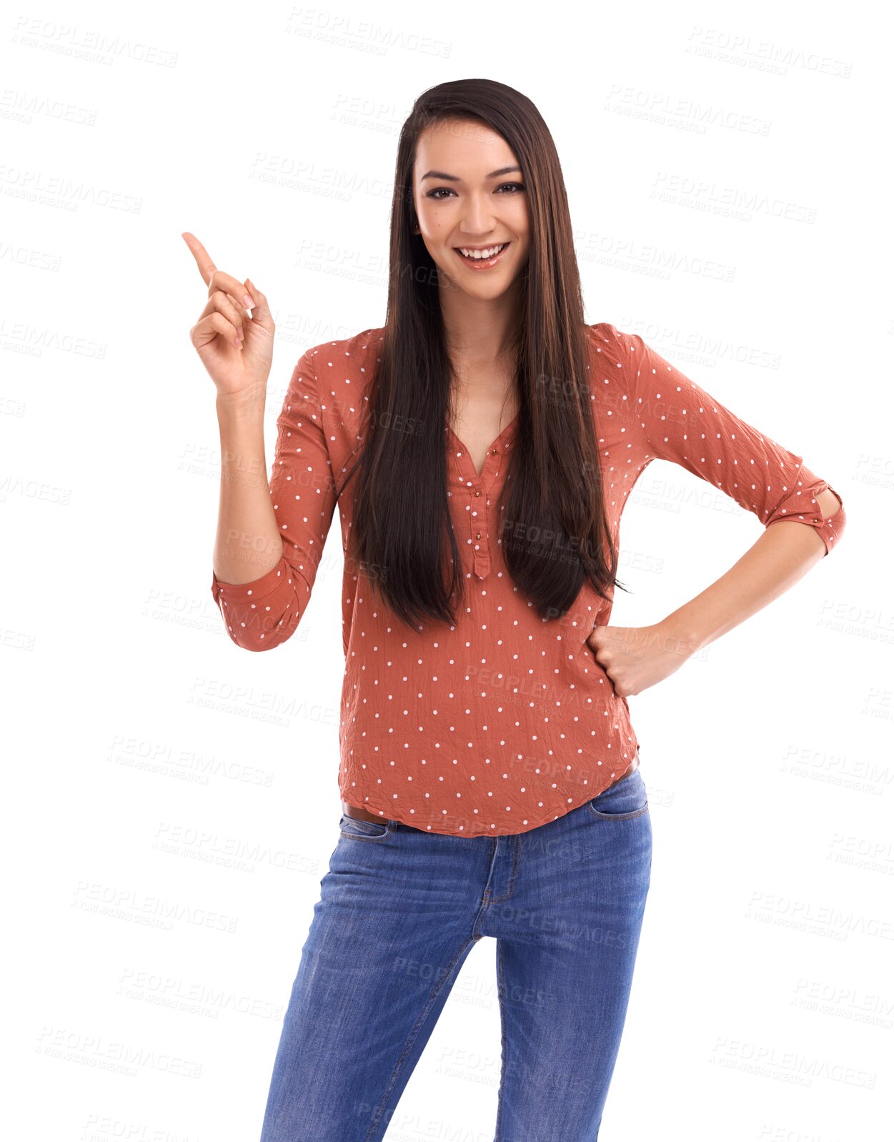 Buy stock photo Smile, point and portrait of happy Asian woman on isolated, png and transparent background. Fashion, natural beauty and female person with pointing hand gesture for showing deal, promotion and news