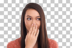 Wow, thinking and mockup with a woman surprised in shock. Omg, idea and mock up with an attractive young female posing hand over mouth on blank space isolated on a png background