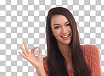 Success, ok and portrait of Asian woman to vote, agreement and approval. Mockup, advertising and face of girl isolated in studio with hand gesture for good news, support and yes isolated on a png background