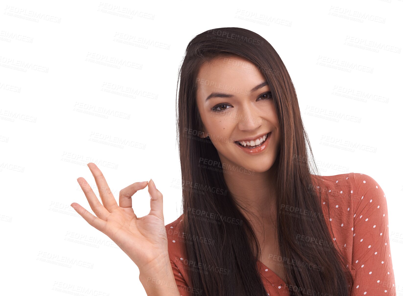 Buy stock photo Ok, yes and portrait of woman on png background for success, good news and support. Feedback, vote and like with female and hand gesture isolated on transparent background for approval and agreement