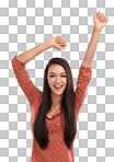 A Woman, happy and dance arms for success, freedom and achievement. Yes, smile portrait and person dancing for happiness, excited energy and lifestyle motivation isolated on a png background