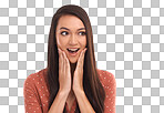 Wow face, woman and excited and crazy announcement. Young model surprised for gossip, secret news and emoji for wtf notification, curious announcement and shocked isolated on a png background