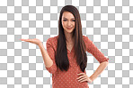 A Portrait, mockup and space with a woman holding blank space. Marketing, mock up and product placement with a female advertising to promote a brand logo isolated on a png background