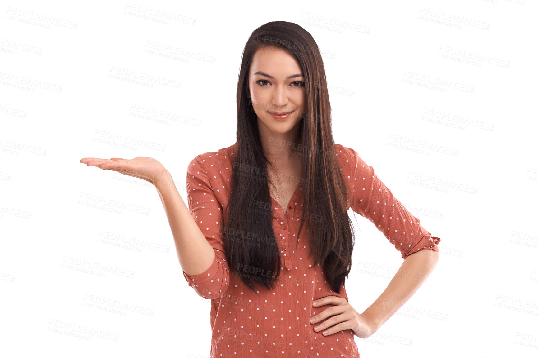 Buy stock photo Smile, show and portrait of happy Asian woman on isolated, png and transparent background. Fashion, natural beauty and female person with hand gesture for showing deal information, promotion and news