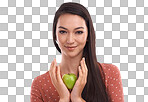 Apple, health or studio portrait of woman with fruit product for weight loss diet, body detox or wellness lifestyle. Healthcare model face, nutritionist food or healthy vegan girl on isolated on a png background