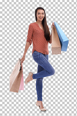 Buy stock photo Fashion, shopping bag and portrait of woman on png for retail, boutique and sale. Designer, spree and purchase with female customer isolated on transparent background for choice, discount and luxury