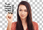 Virtual to do list, writing and woman planning daily chores, tick box and working on time management. Check mark, pen and model girl with agenda checklist, checkbox and isolated on a png background