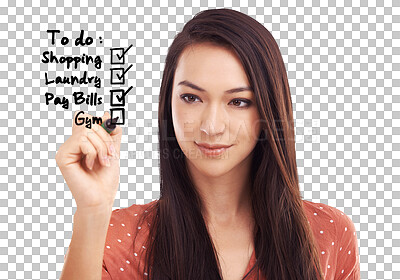 Buy stock photo Face, woman and writing to do list for planning checklist, tick box and schedule time management. Check mark, pen and female person at note of goals, agenda and isolated on transparent png background