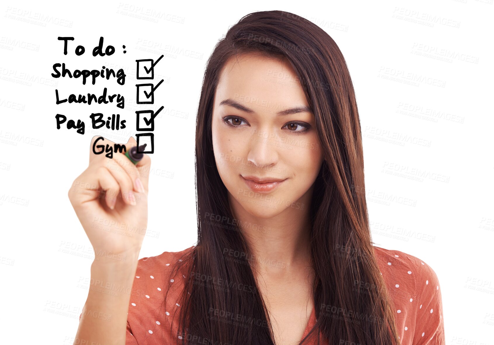 Buy stock photo Face, woman and writing to do list for planning checklist, tick box and schedule time management. Check mark, pen and female person at note of goals, agenda and isolated on transparent png background