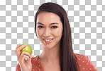 Apple, health or face portrait of woman with fruit product for weight loss diet, body detox or wellness lifestyle. Healthcare model, nutritionist food or healthy vegan girl on isolated on a png background