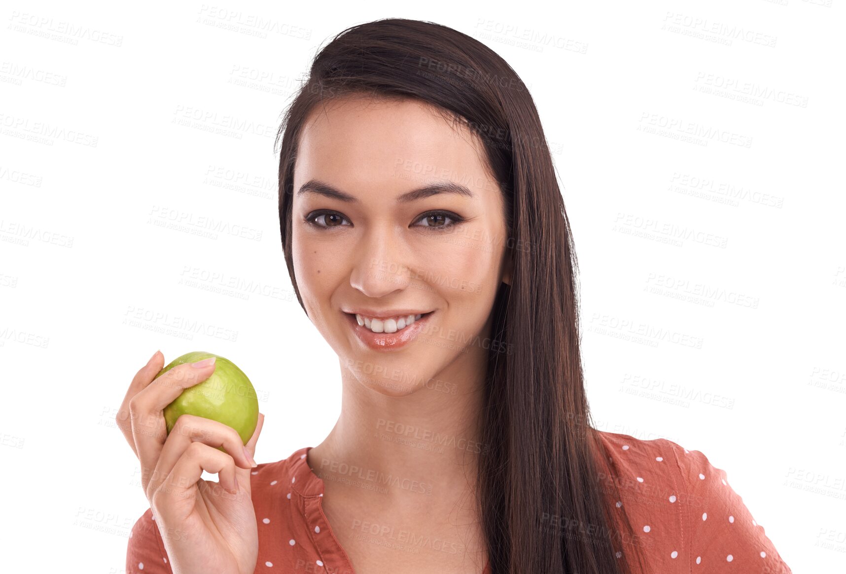 Buy stock photo Apple, smile and portrait of woman on png for organic, nutrition and detox diet. Vegan, food and weight loss with female and fruit isolated on transparent background for natural, vitamin and fiber