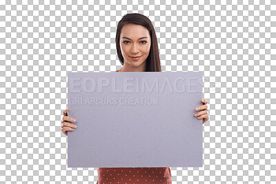 Buy stock photo Woman, blank paper sign and portrait with smile for presentation of idea, opinion or vote by transparent png background. Isolated girl, billboard or poster with mockup space, promotion or information