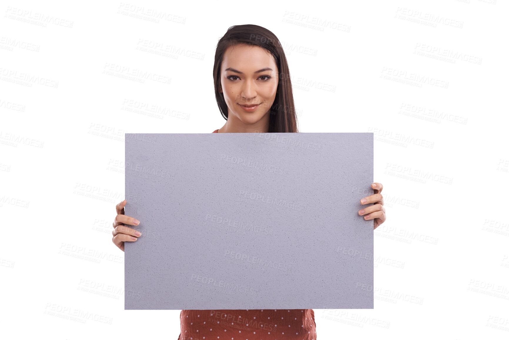 Buy stock photo Woman, blank paper sign and portrait with smile for presentation of idea, opinion or vote by transparent png background. Isolated girl, billboard or poster with mockup space, promotion or information