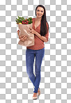 A Woman, smile portrait and vegetable grocery shopping bag  for healthy nutrition, diet and happiness isolated in studio. Model, face and happy for organic food or customer groceries isolated on a png background