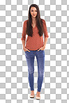 A Fashion, portrait and woman with hands in pocket with happy confidence. Full body, beauty and weekend style, lifestyle model standing in studio with casual smile on face isolated on a png background