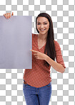 A beautiful petite sales girl with a mock-up or a saleswoman pointing at a blank poster, placard or billboard for promotion advertising or product placement, marketing sign and banner space isolated on a png background.