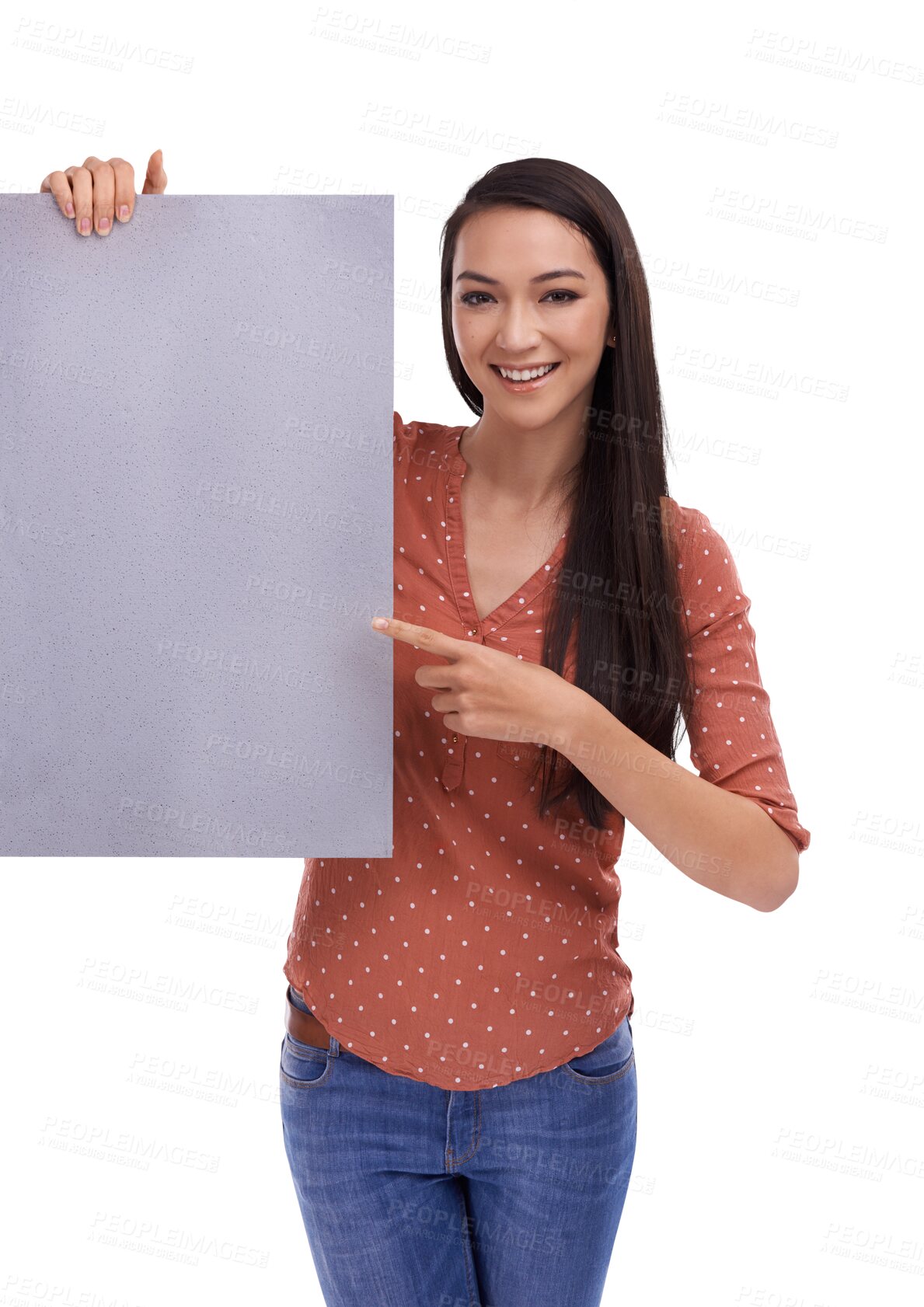 Buy stock photo Woman, portrait and point at billboard, poster or smile for presentation, opinion or vote by transparent png background. Isolated girl, billboard or banner with mockup space, promotion or information