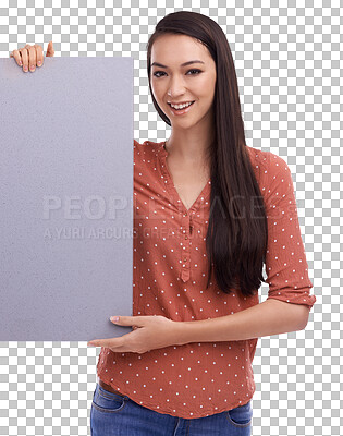 Buy stock photo Woman, blank billboard and smile in portrait for presentation of ideas, opinion or vote by transparent png background. Isolated girl, banner or poster with mockup space, promotion or show information