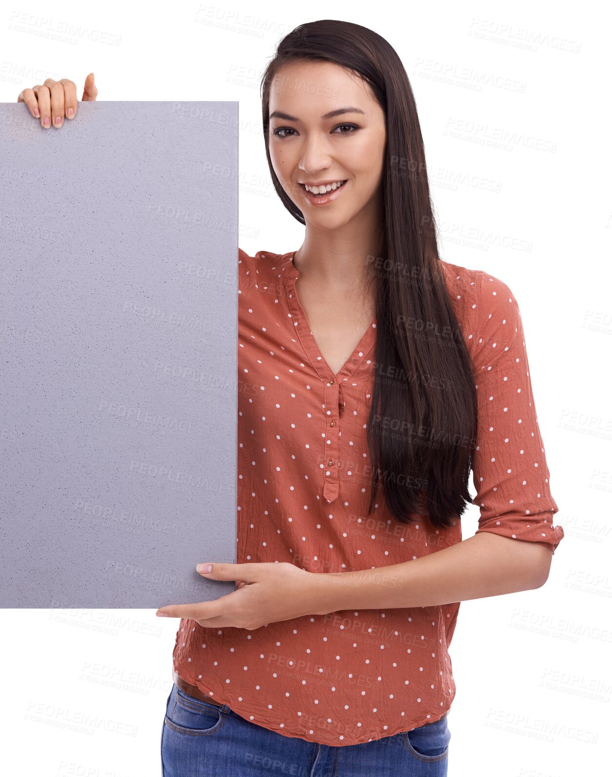 Buy stock photo Woman, blank billboard and smile in portrait for presentation of ideas, opinion or vote by transparent png background. Isolated girl, banner or poster with mockup space, promotion or show information