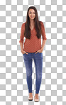 A Portrait, fashion or woman with smile, confident or female. Lady, girl or dressed trendy, happy or comfortable clothes for outing, happiness or casual outfit isolated on a png background