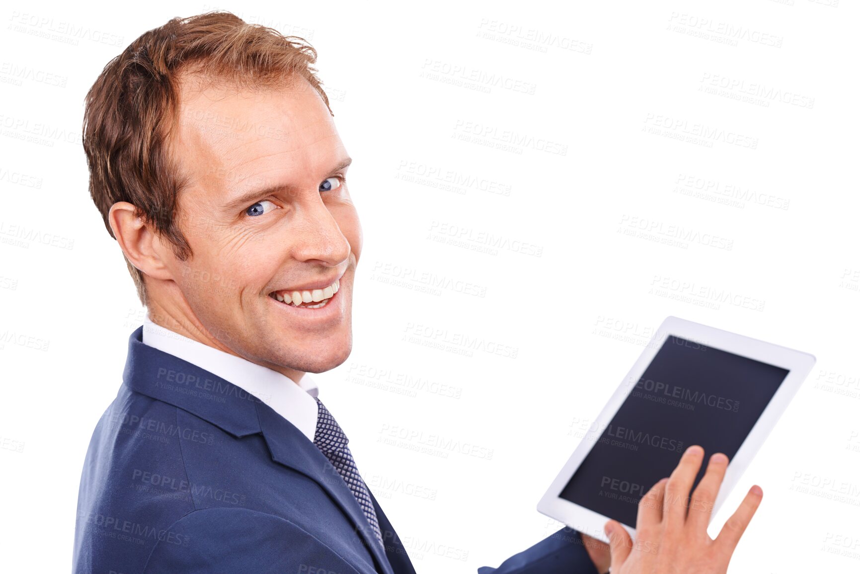 Buy stock photo Happy businessman, portrait and digital tablet screen for sales, ecommerce app or salesperson website. Typing, email and car salesman face with deal information on isolated transparent png background