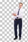 A formally dressed young man pointing out or indicating an empty space that could be utilized for a recommendation or endorsement isolated on a png background