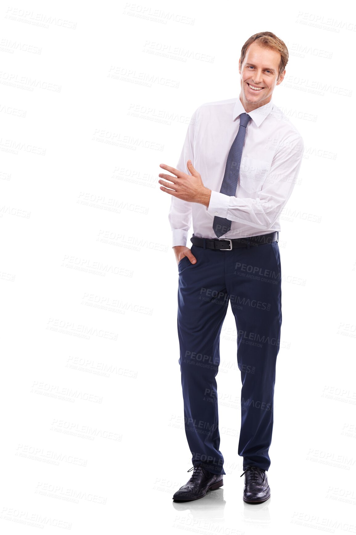 Buy stock photo Happy man, portrait and advertising business with hands, promotion and announcement of brand offer. Corporate male worker pointing to news, company launch and isolated on a transparent png background